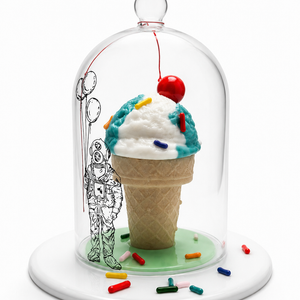 Blueberry Bonanza sculpture featuring an ice cream cone with blue-and-white scoops, colorful sprinkles, a red cherry, and a small diver beneath a clear glass dome.