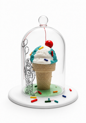 Blueberry Bonanza sculpture featuring an ice cream cone with blue-and-white scoops, colorful sprinkles, a red cherry, and a small diver beneath a clear glass dome.